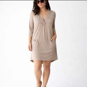 Dolan Left Coast Cupro V Neck Pocket Dress Taupe Petite M Anthropologie